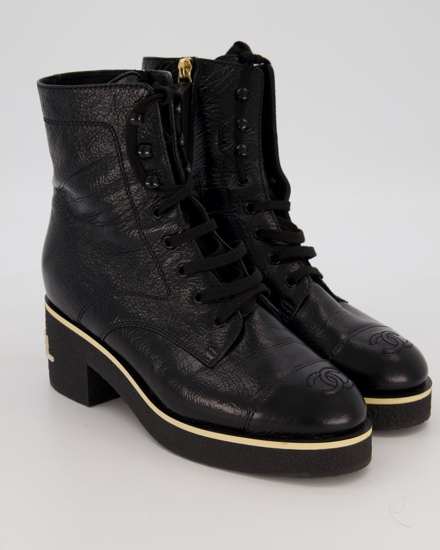 Chanel Black 21C Shiny Crumpled Lambskin Lace-Up Combat Boots with Chanel Logo Detail Size EU 39