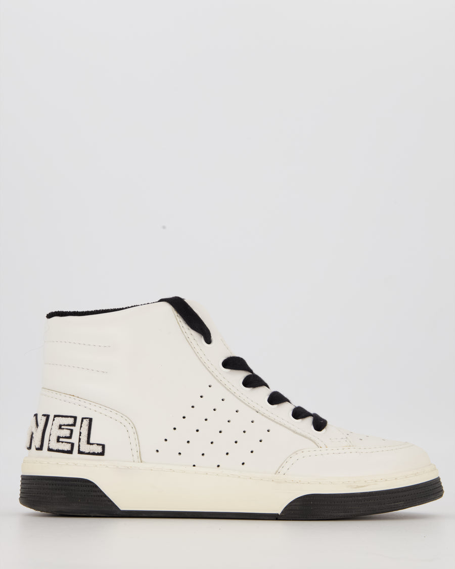 Chanel White Calfskin High-Top Trainer Sneaker with Chanel Logo Detail Size EU 39