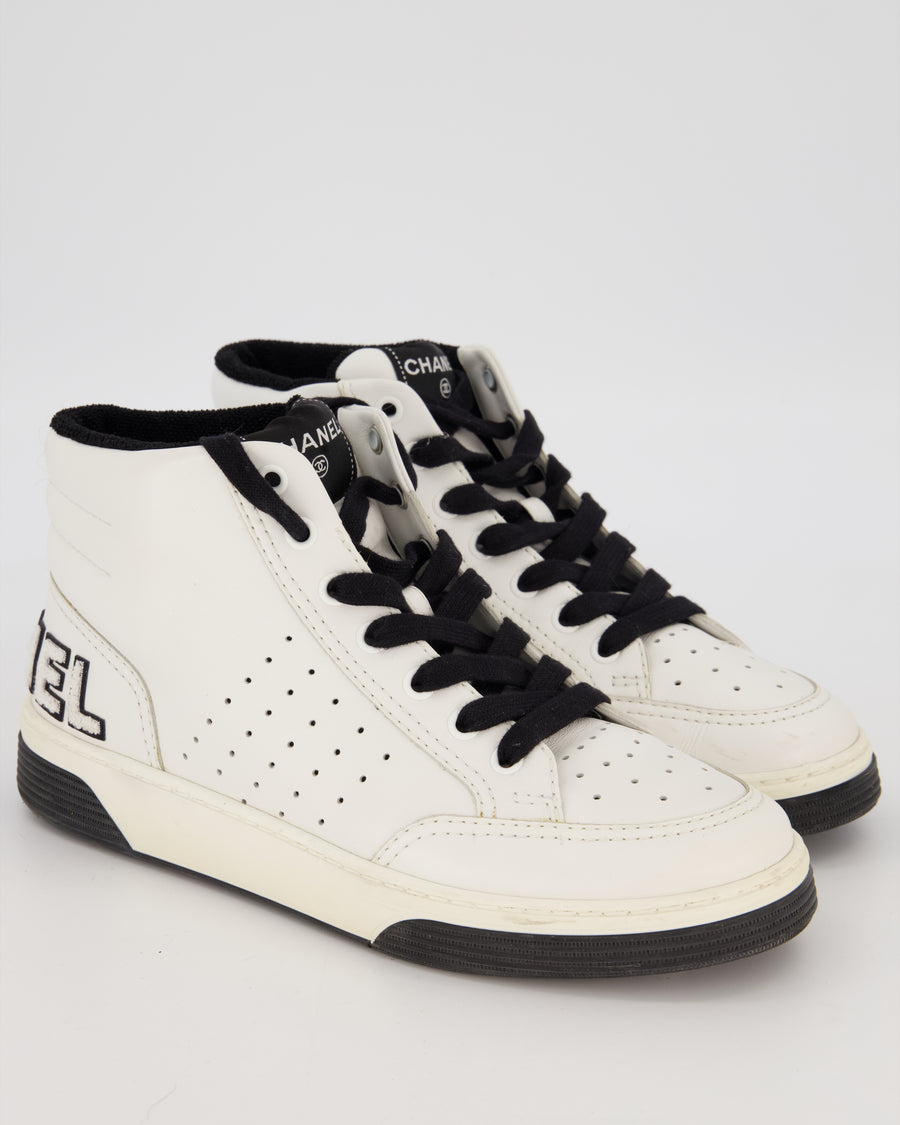 Chanel White Calfskin High-Top Trainer Sneaker with Chanel Logo Detail Size EU 39
