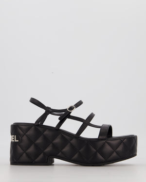 Chanel Black Quilted Platform Wedge Sandals with Chanel Metallic Logo Detail Size EU 39