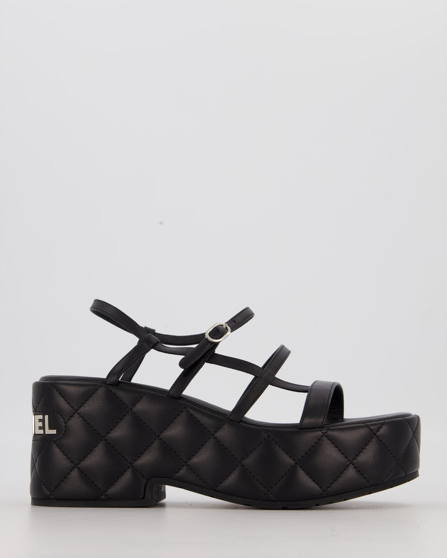 Chanel Black Quilted Platform Wedge Sandals with Chanel Metallic Logo Detail Size EU 39