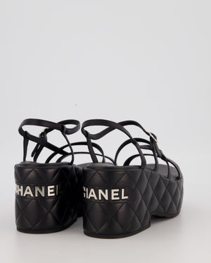 Chanel Black Quilted Platform Wedge Sandals with Chanel Metallic Logo Detail Size EU 39