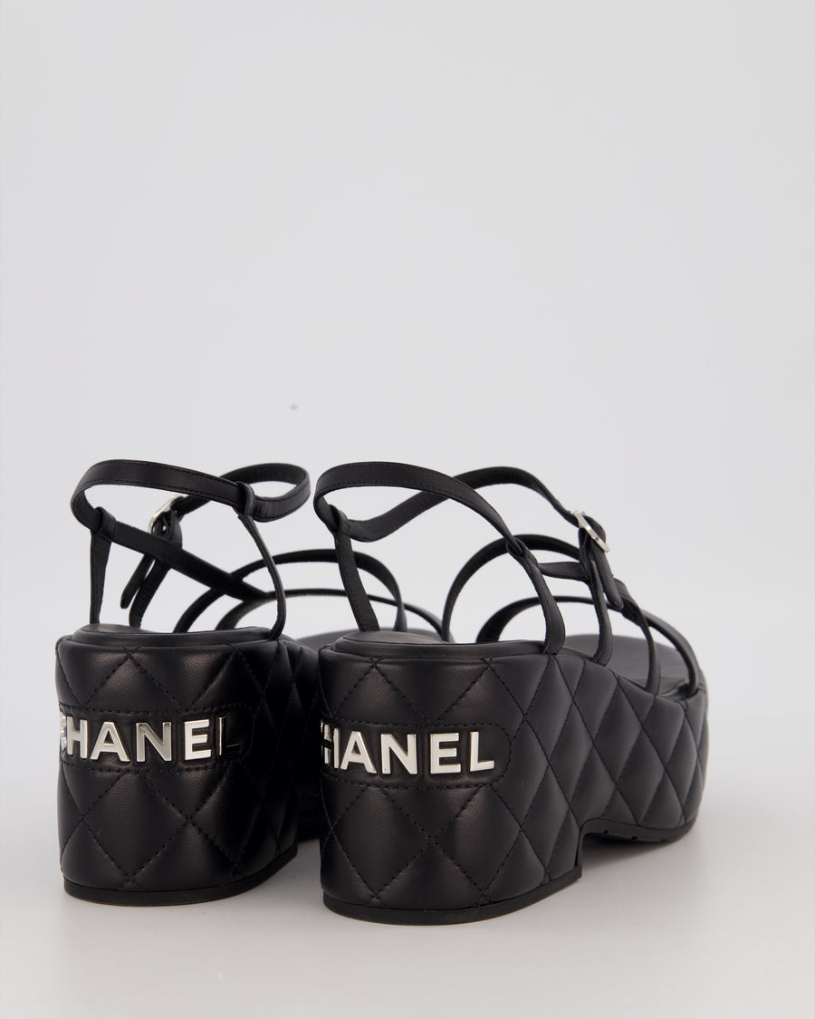 Chanel Black Quilted Platform Wedge Sandals with Chanel Metallic Logo Detail Size EU 39