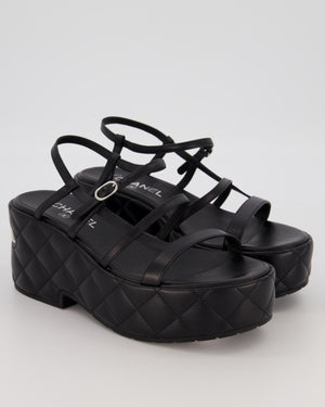 Chanel Black Quilted Platform Wedge Sandals with Chanel Metallic Logo Detail Size EU 39