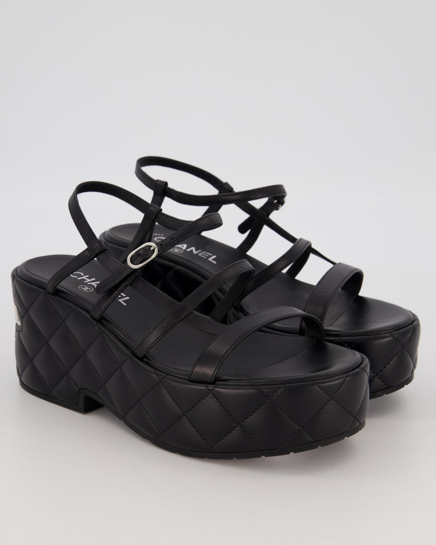 Chanel Black Quilted Platform Wedge Sandals with Chanel Metallic Logo Detail Size EU 39