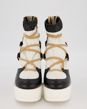 Chanel Cream and Black FW19 Leather and Fabric Runway Wedge Platform Boots Size EU 39