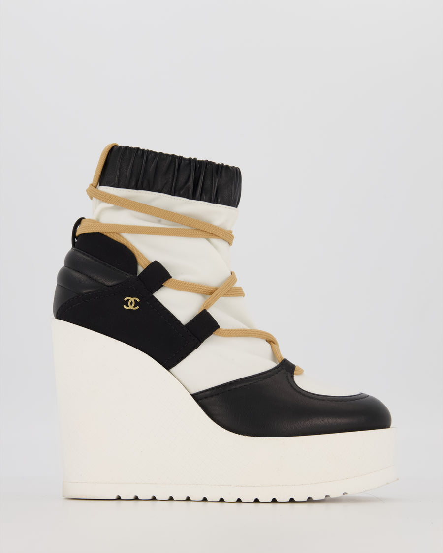 Chanel Cream and Black FW19 Leather and Fabric Runway Wedge Platform Boots Size EU 39
