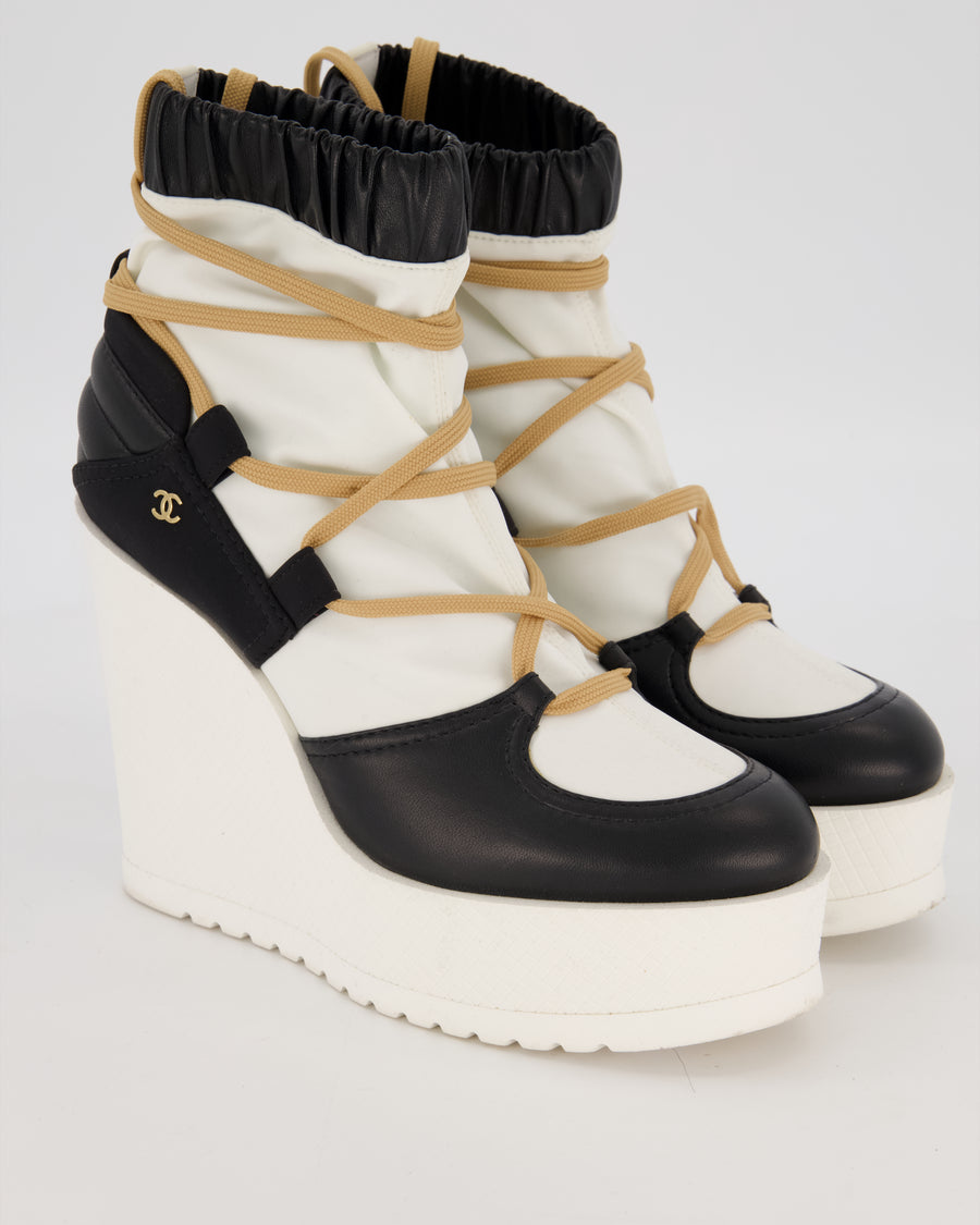 Chanel Cream and Black FW19 Leather and Fabric Runway Wedge Platform Boots Size EU 39