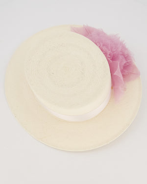 Maison Michel Ivory Kiki Straw Boater Hat with Lilac Chiffon Flower Embellishment