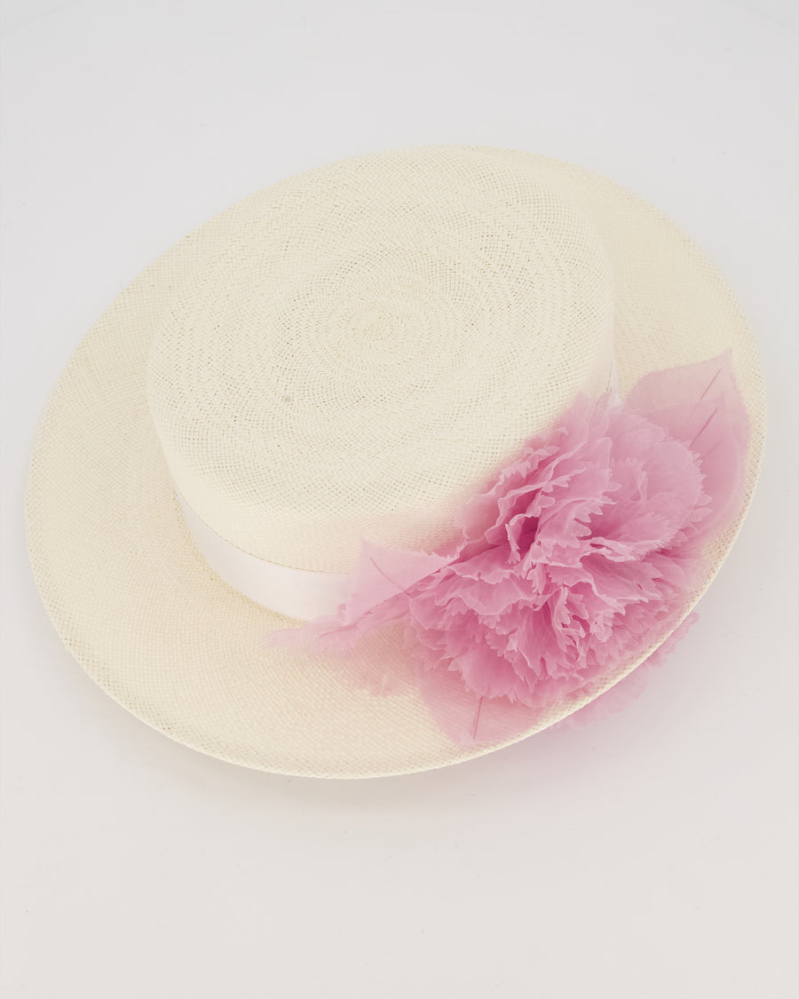 Maison Michel Ivory Kiki Straw Boater Hat with Lilac Chiffon Flower Embellishment