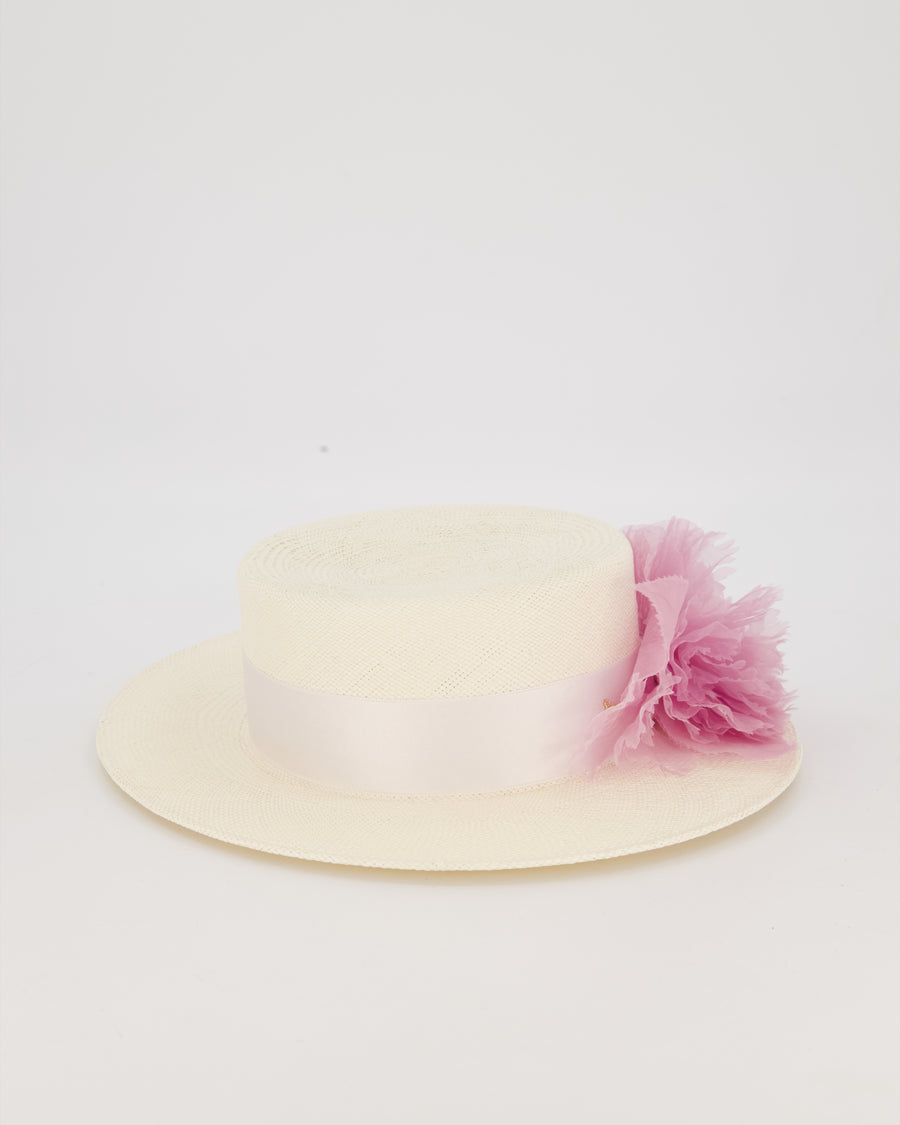 Maison Michel Ivory Kiki Straw Boater Hat with Lilac Chiffon Flower Embellishment
