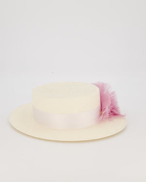 Maison Michel Ivory Kiki Straw Boater Hat with Lilac Chiffon Flower Embellishment