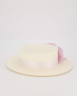 Maison Michel Ivory Kiki Straw Boater Hat with Lilac Chiffon Flower Embellishment