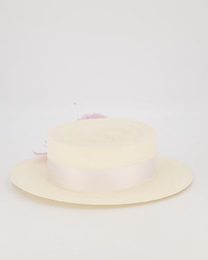 Maison Michel Ivory Kiki Straw Boater Hat with Lilac Chiffon Flower Embellishment