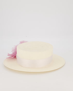 Maison Michel Ivory Kiki Straw Boater Hat with Lilac Chiffon Flower Embellishment