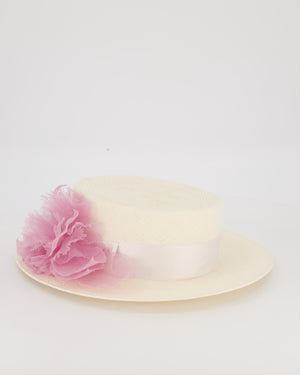 Maison Michel Ivory Kiki Straw Boater Hat with Lilac Chiffon Flower Embellishment