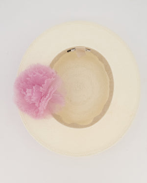 Maison Michel Ivory Kiki Straw Boater Hat with Lilac Chiffon Flower Embellishment