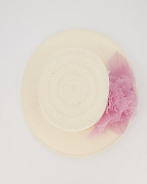 Maison Michel Ivory Kiki Straw Boater Hat with Lilac Chiffon Flower Embellishment
