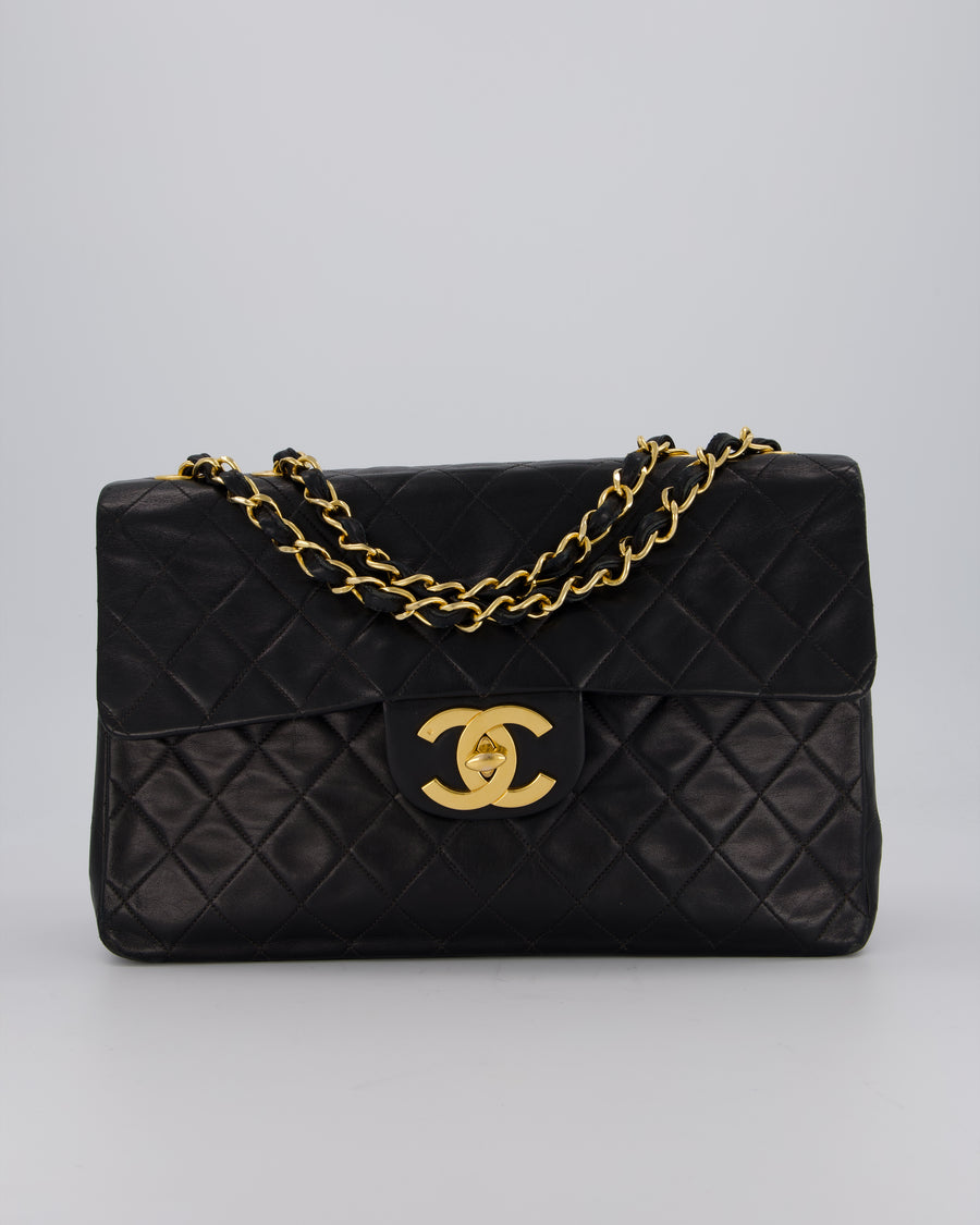 Chanel Black Vintage Maxi Jumbo XL Flap Bag in Lambskin with 24K Gold Hardware