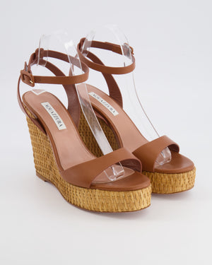 Aquazzura Brown Calfskin Leather Sunseeker 110 Wedge Sandals with Woven Straw Platform Wedge Size EU 39.5 RRP £700