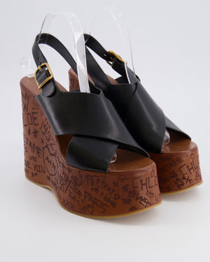 Chloé Black Leather Maxime Wedge Sandals with Brown Wood Effect Engraved Graffiti Platform Size EU 39 RRP £925