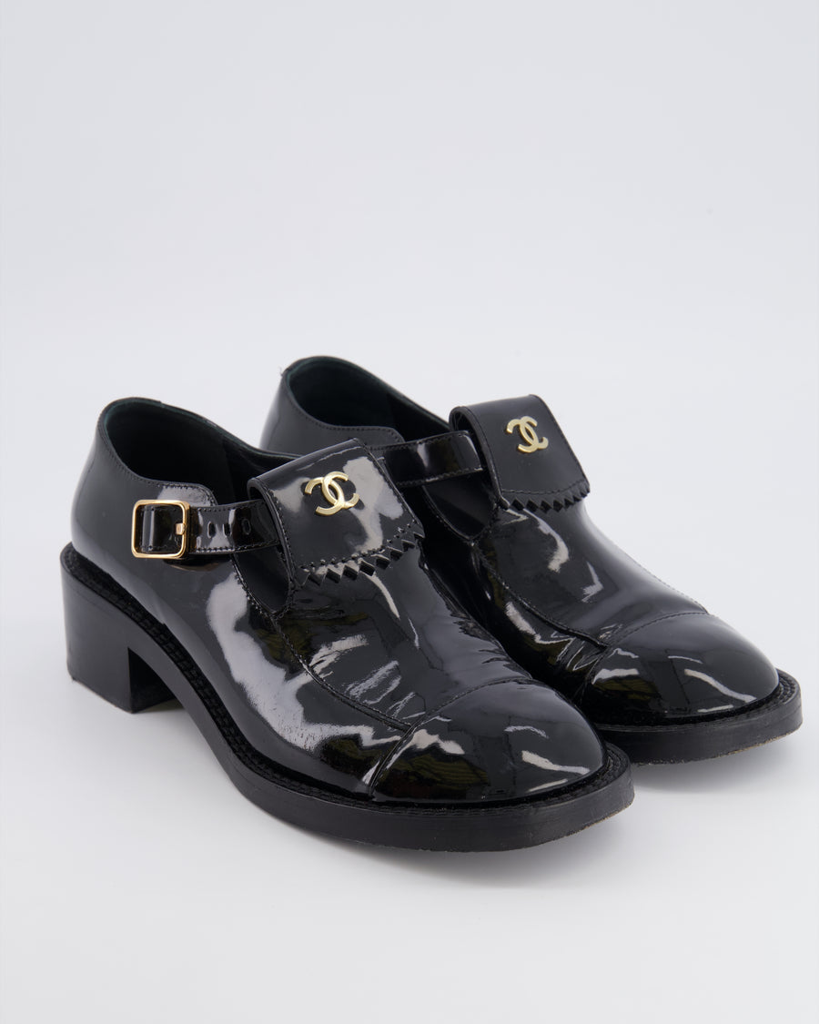Chanel Black Patent Leather Mary Jane Loafers with Gold CC Logo Detail and Gold Buckles Size EU 39C