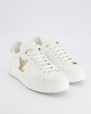 Louis Vuitton White Leather Time Out Trainers with Gold Crystal LV Logo and Monogram Rubber Sole Detail Size EU 38.5