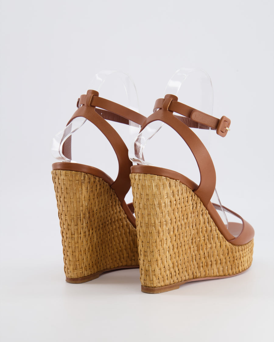 Aquazzura Brown Calfskin Leather Sunseeker 110 Wedge Sandals with Woven Straw Platform Wedge Size EU 39.5 RRP £700