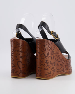 Chloé Black Leather Maxime Wedge Sandals with Brown Wood Effect Engraved Graffiti Platform Size EU 39 RRP £925