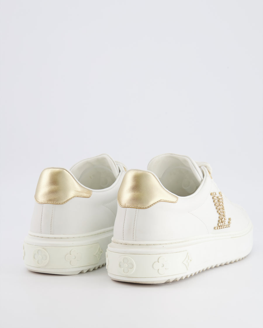 Louis Vuitton White Leather Time Out Trainers with Gold Crystal LV Logo and Monogram Rubber Sole Detail Size EU 38.5