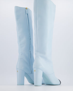 Chanel Spring 2024 Runway Pastel Blue Leather Knee-High Heeled Boots with Black Cap-Toe and Gold CC Logo Details Size EU 40C