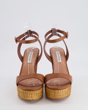 Aquazzura Brown Calfskin Leather Sunseeker 110 Wedge Sandals with Woven Straw Platform Wedge Size EU 39.5 RRP £700