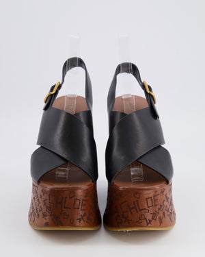Chloé Black Leather Maxime Wedge Sandals with Brown Wood Effect Engraved Graffiti Platform Size EU 39 RRP £925