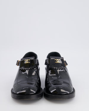 Chanel Black Patent Leather Mary Jane Loafers with Gold CC Logo Detail and Gold Buckles Size EU 39C