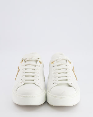 Louis Vuitton White Leather Time Out Trainers with Gold Crystal LV Logo and Monogram Rubber Sole Detail Size EU 38.5