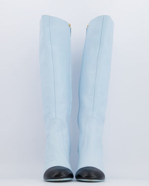 Chanel Spring 2024 Runway Pastel Blue Leather Knee-High Heeled Boots with Black Cap-Toe and Gold CC Logo Details Size EU 40C