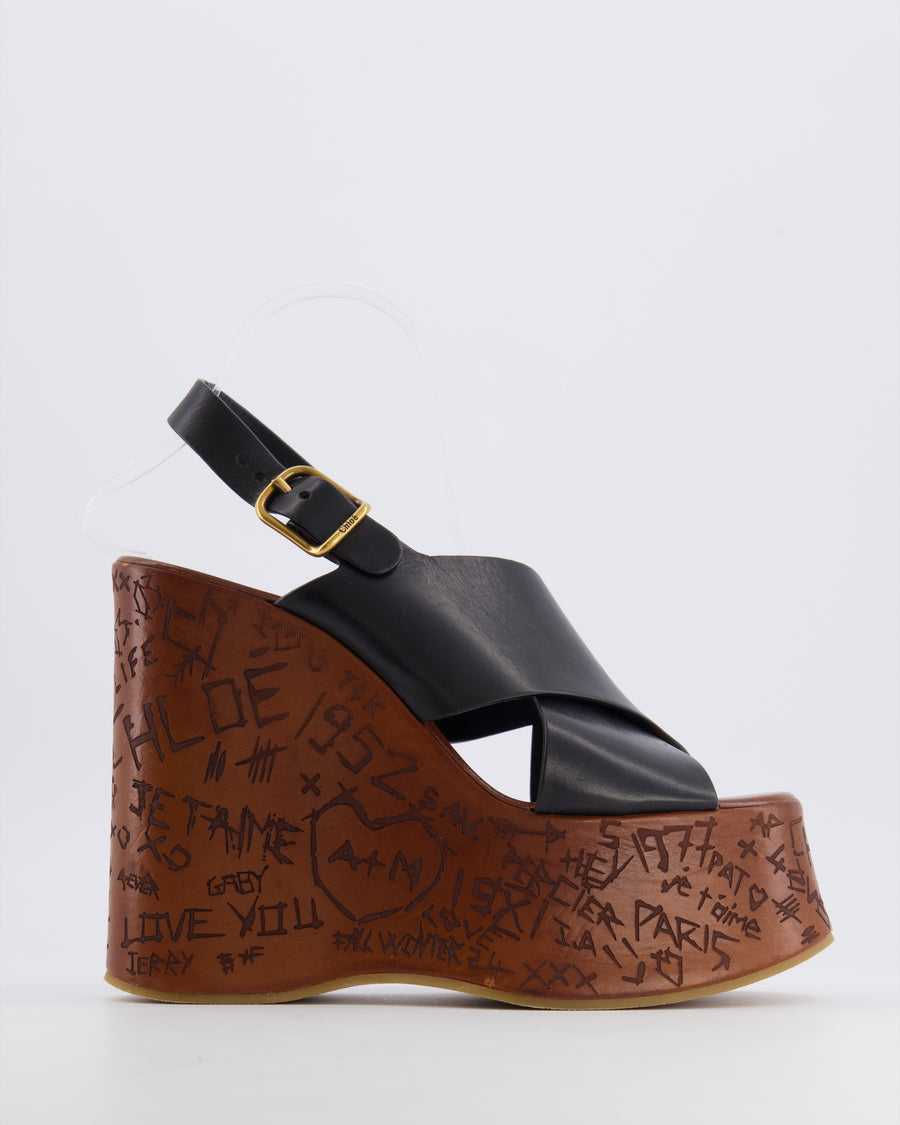 Chloé Black Leather Maxime Wedge Sandals with Brown Wood Effect Engraved Graffiti Platform Size EU 39 RRP £925
