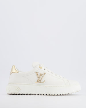Louis Vuitton White Leather Time Out Trainers with Gold Crystal LV Logo and Monogram Rubber Sole Detail Size EU 38.5