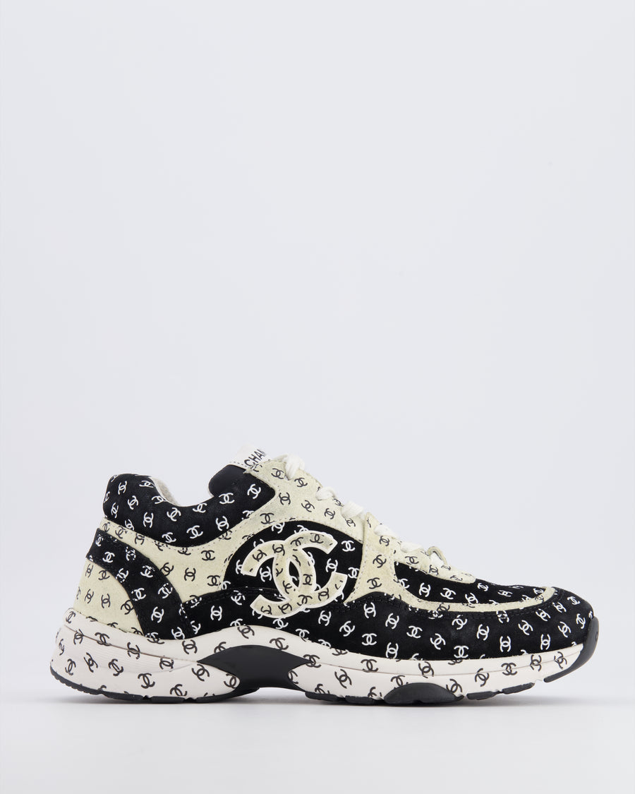 Chanel 22A Black and White Suede Trainers with CC Logo Prints Size EU 39