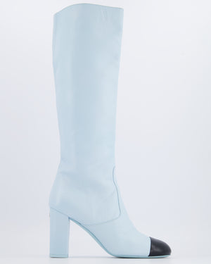 Chanel Spring 2024 Runway Pastel Blue Leather Knee-High Heeled Boots with Black Cap-Toe and Gold CC Logo Details Size EU 40C