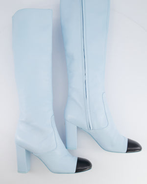 Chanel Spring 2024 Runway Pastel Blue Leather Knee-High Heeled Boots with Black Cap-Toe and Gold CC Logo Details Size EU 40C