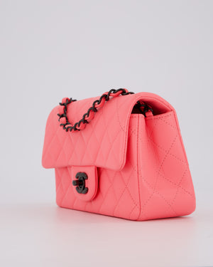 *HOT* Chanel Neon Pink Small Classic Single Flap Bag in Lambskin Leather with Black Hardware