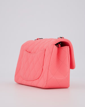 *HOT* Chanel Neon Pink Small Classic Single Flap Bag in Lambskin Leather with Black Hardware
