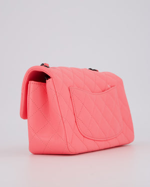 *HOT* Chanel Neon Pink Small Classic Single Flap Bag in Lambskin Leather with Black Hardware