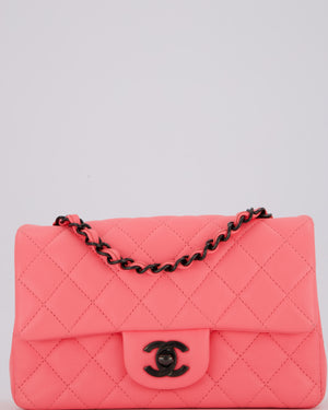 *HOT* Chanel Neon Pink Small Classic Single Flap Bag in Lambskin Leather with Black Hardware