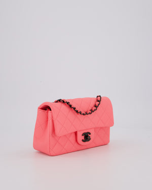 *HOT* Chanel Neon Pink Small Classic Single Flap Bag in Lambskin Leather with Black Hardware