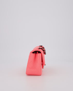 *HOT* Chanel Neon Pink Small Classic Single Flap Bag in Lambskin Leather with Black Hardware