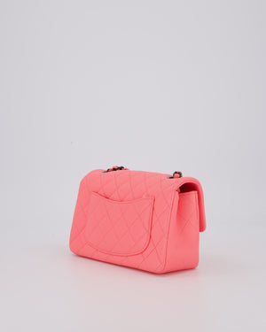 *HOT* Chanel Neon Pink Small Classic Single Flap Bag in Lambskin Leather with Black Hardware