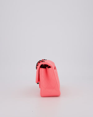 *HOT* Chanel Neon Pink Small Classic Single Flap Bag in Lambskin Leather with Black Hardware