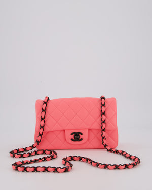 *HOT* Chanel Neon Pink Small Classic Single Flap Bag in Lambskin Leather with Black Hardware